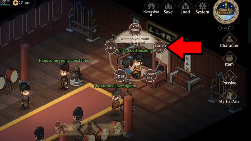 Surrender option when facing sect leader in Hero's Adventure: Road to Passion