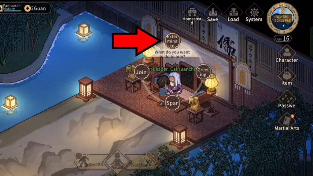 Exterminate option when facing sect leader in Hero's Adventure: Road to Passion