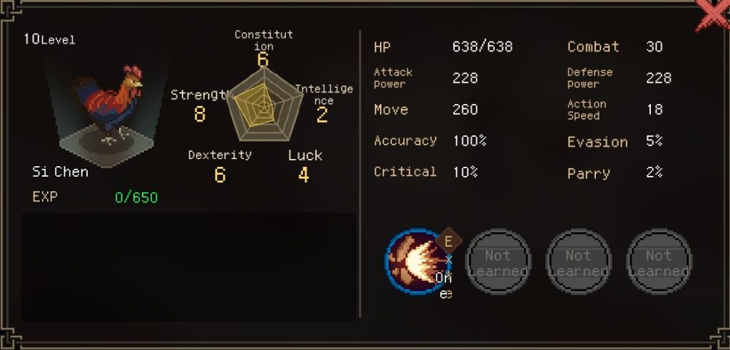 Rooster pet stat sheet