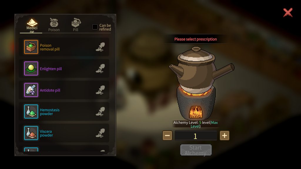 Alchemy menu in Hero's Adventure: Road to Passion