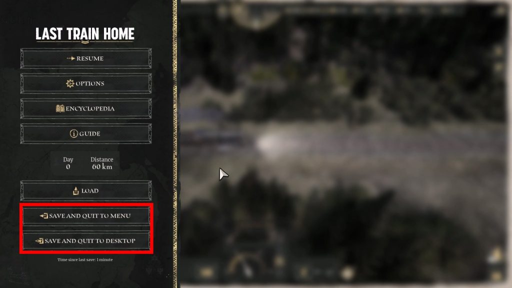 Last Train Home pause menu with save options