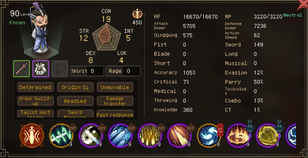Screenshot showing the stats for one of the sect leaders in Hero's Adventure: Road to Passion