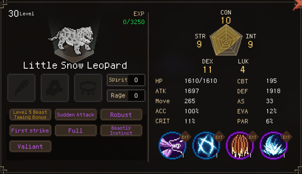 Snow Leopard pet stat sheet in Hero's Adventure: Road To Passion