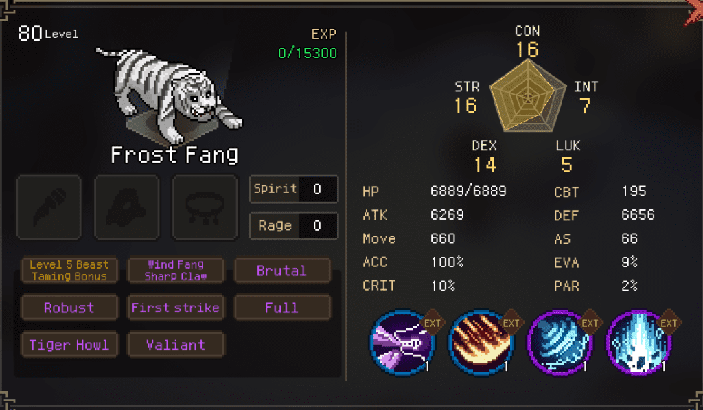 Tiger pet stat sheet in Hero's Adventure: Road To Passion