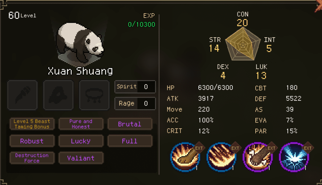 Panda pet stat sheet in Hero's Adventure: Road To Passion