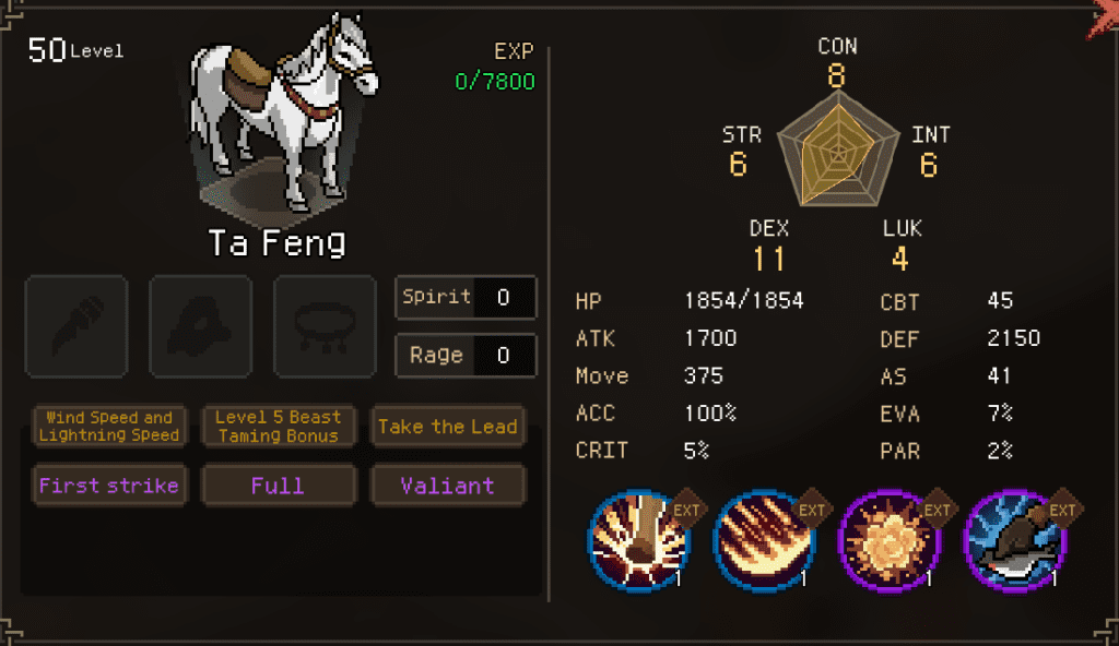 Horse pet stat sheet in Hero's Adventure: Road To Passion