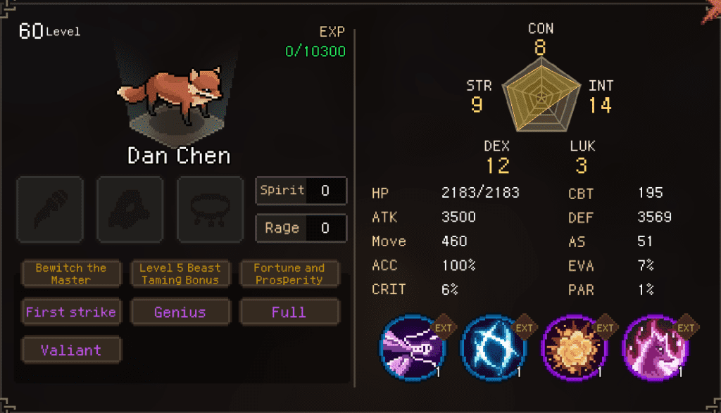 Fox pet stat sheet in Hero's Adventure: Road To Passion