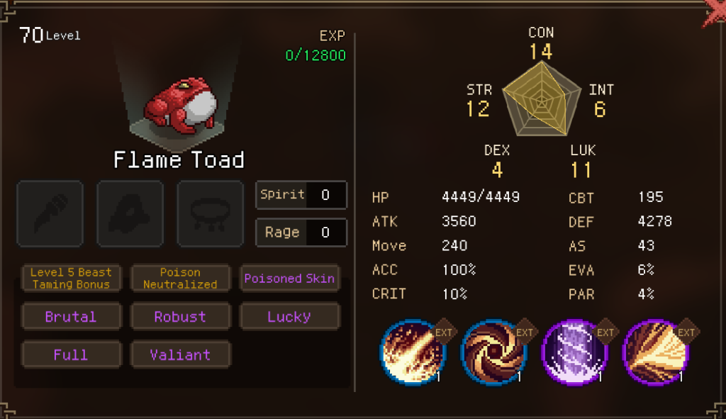 Flame Toad pet stat sheet in Hero's Adventure: Road To Passion