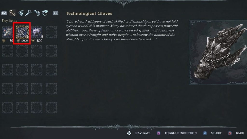 Technological Gloves allow you to climb walls in The Last Faith