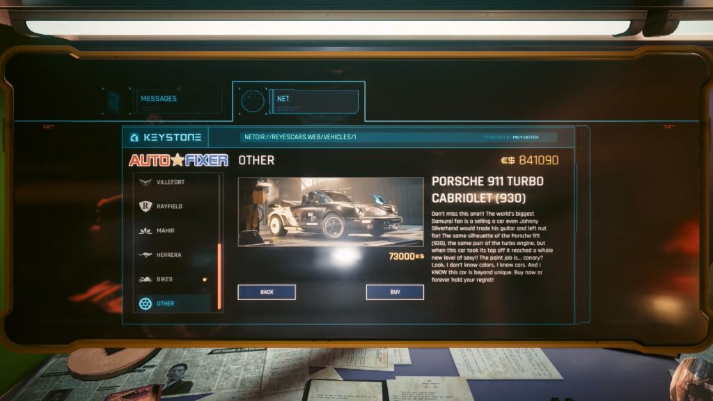 Porsche 911 Turbo Cabriolet (930) Listing in Cyberpunk 2077 Autofixer