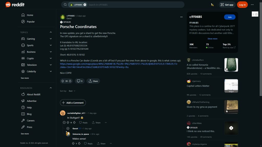 Gacut's findings on Reddit about the Porsche coordinates in Cyberpunk 2077