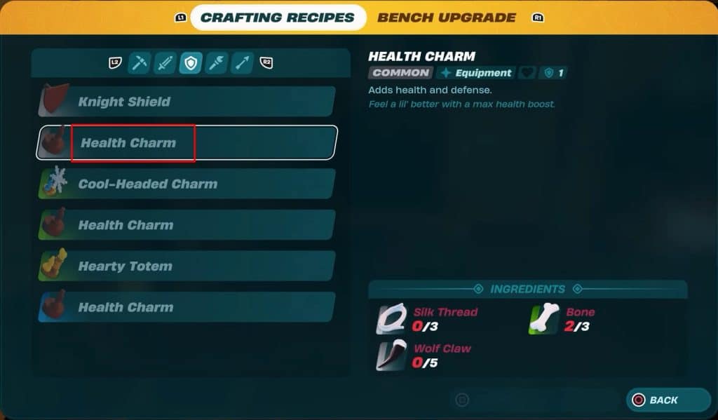 The health charm in the crafting recipes