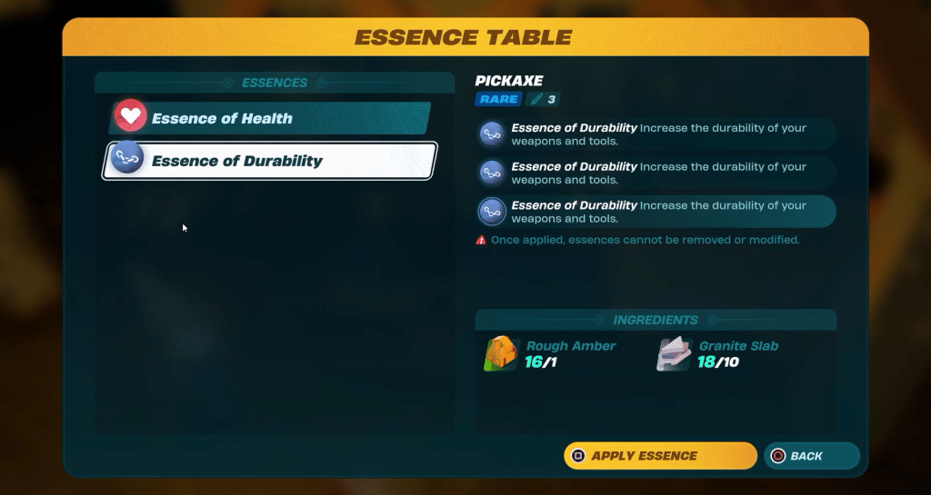 essence table menu in LEGO Fortnite