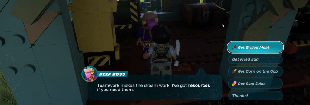 Beef Boss in LEGO Fortnite doing food job in village