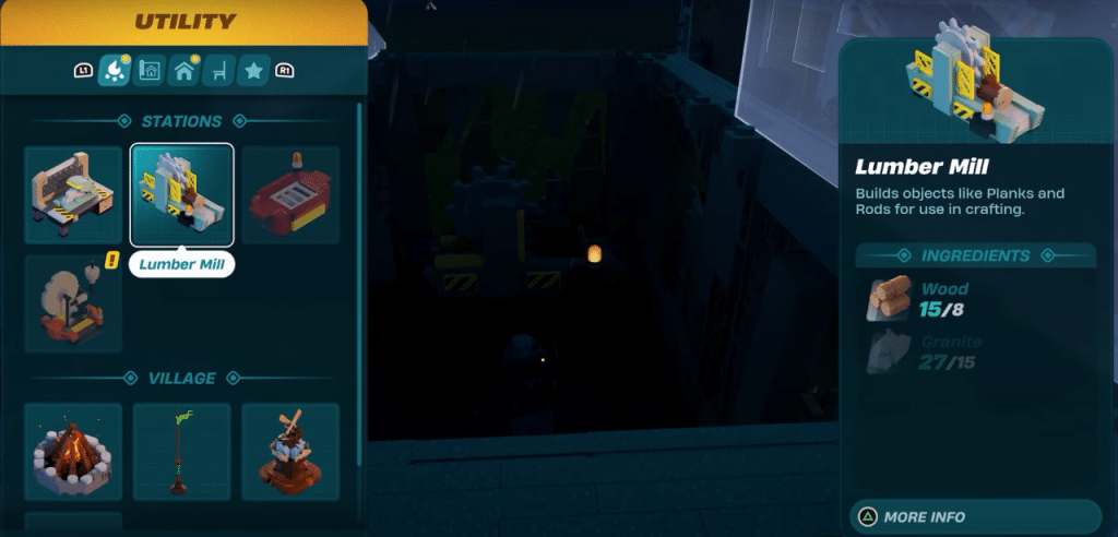 Lumber Mill for basic weapons in LEGO Fortnite