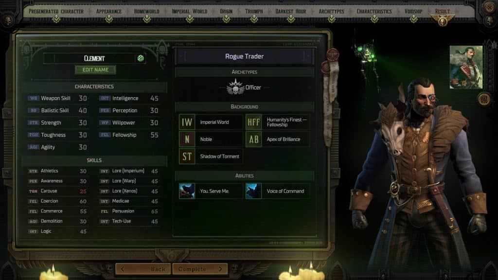 Warhammer 40K Rogue Trader character stat screen