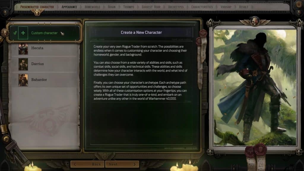 Character creation screen in Warhamer 40K Rogue Trader