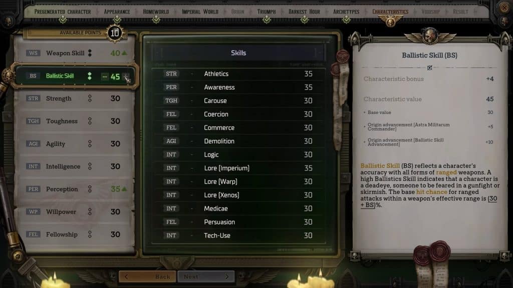 Characteristics section of character creation, stats on the left