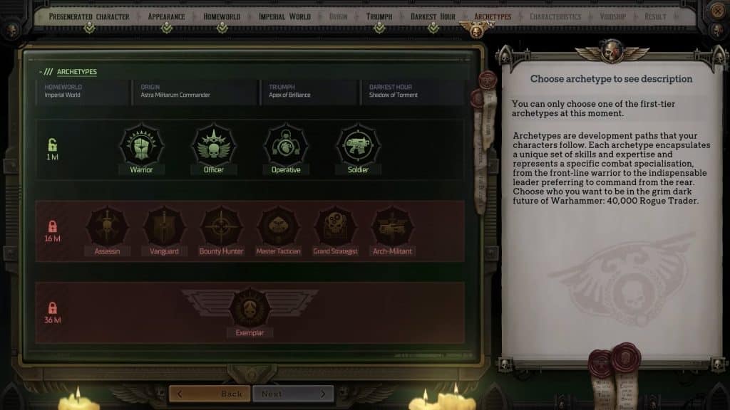 Archetype selection during character creation in Warhammer 40k Rogue Trader