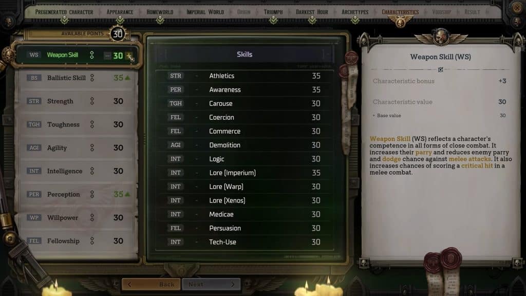 Characteristics section of character creation, skills in the middle