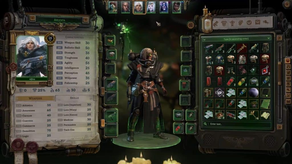 Warhammer 40K Rogue Trader equipment screen showing Argenta