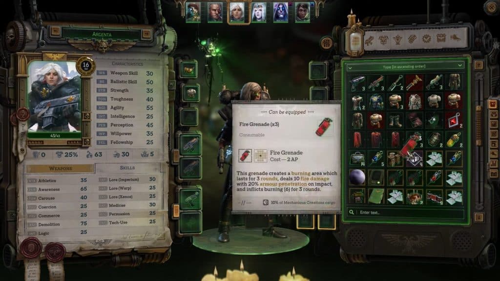 Equipping fire grenades to Argenta in Rogue Trader
