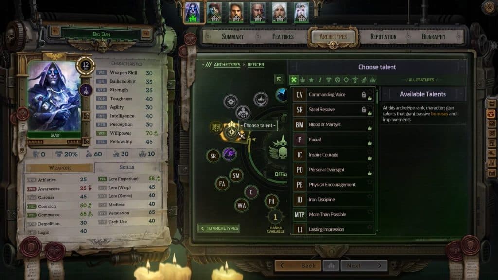 Warhammer 40K Rogue Trader level up character building screen