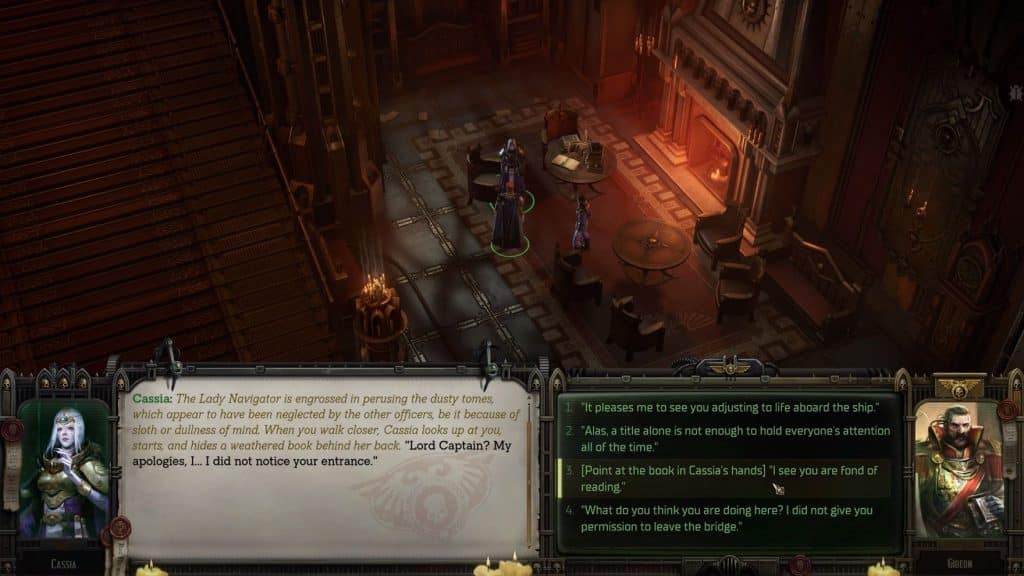 Cassia implies books would make a good gift in Rogue Trader
