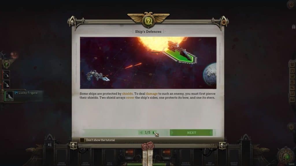In-game tutorial for space battle ship defenses in Warhammer 40k Rogue Trader