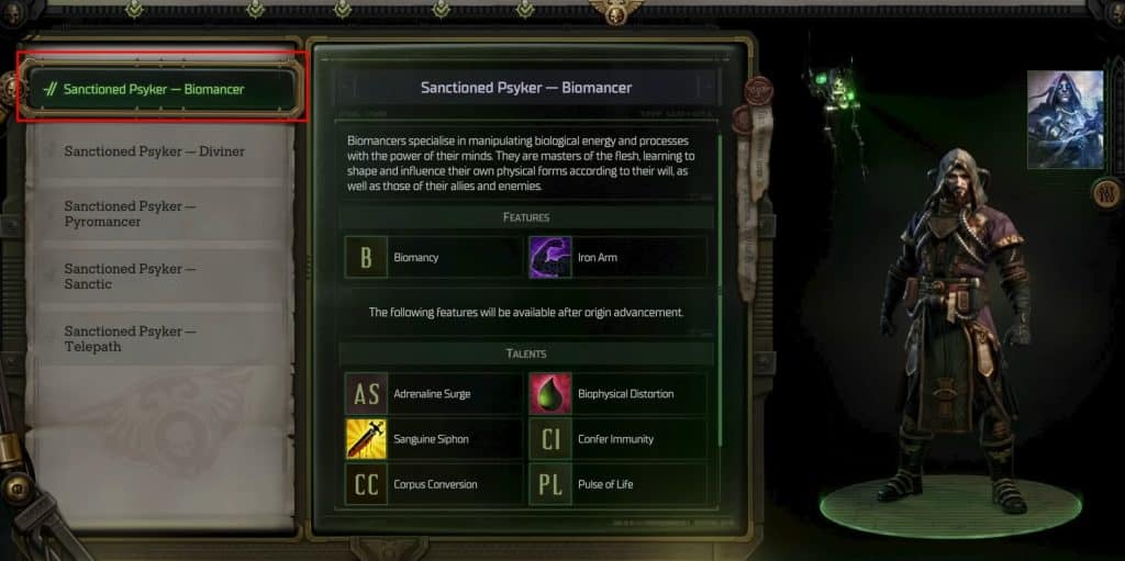 Select biomancer in Rogue Trader