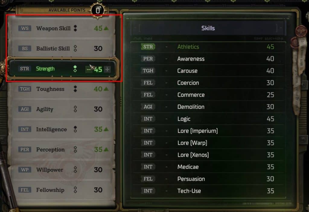 Strength and Weapon Skill at 45 for Melee Build