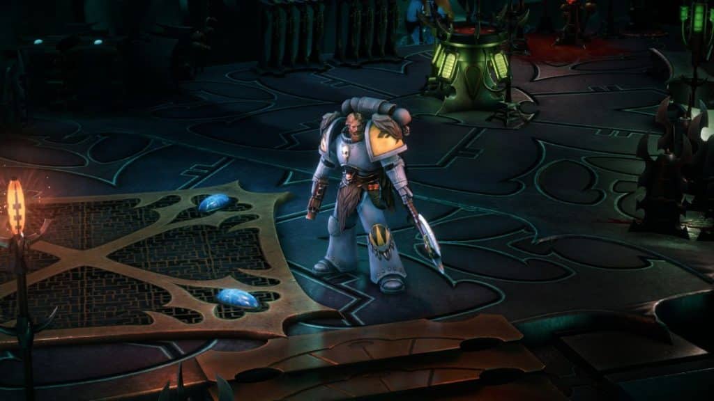 Character in Warhammer 40,000: Rogue Trader wearing traditional Space Marine Power Armour