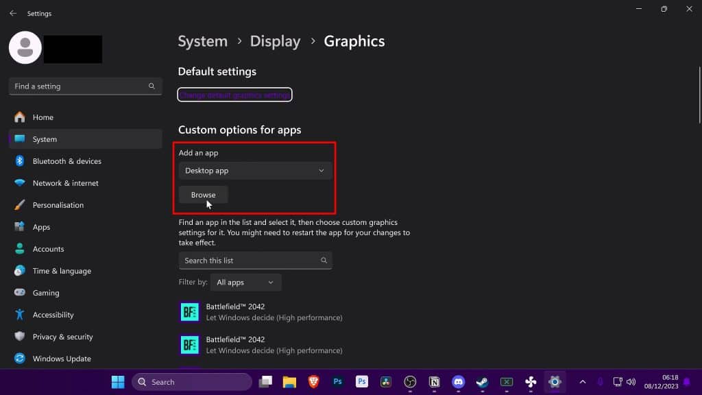 Windows graphics settings