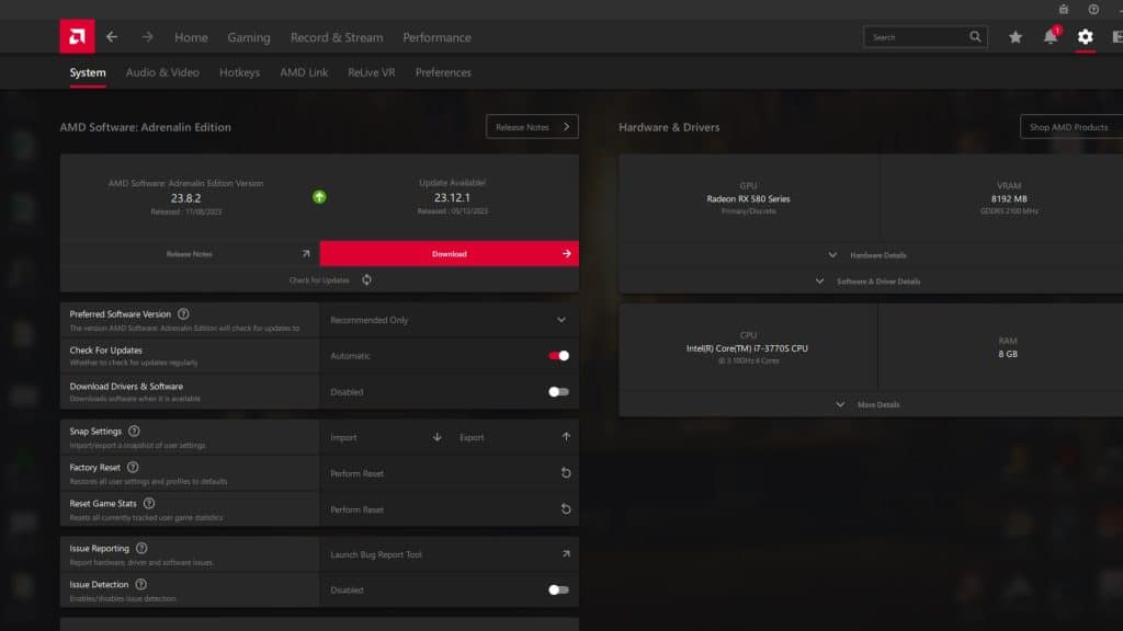 AMD Radeon configuration showing new update