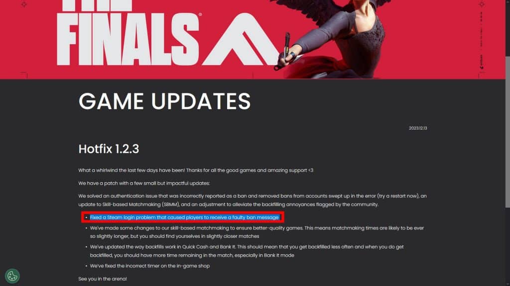 The Finals Hotfix 1.2.3 changelog on the official website