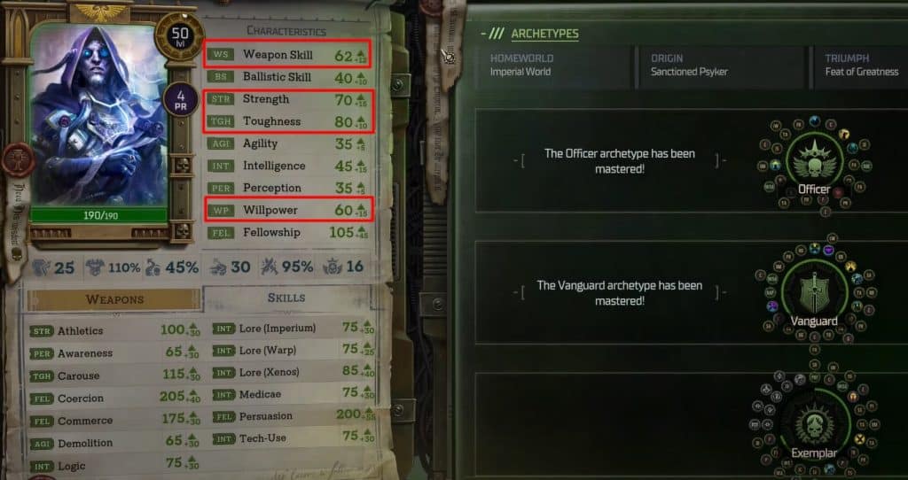 Characteristics to specialise for the build.