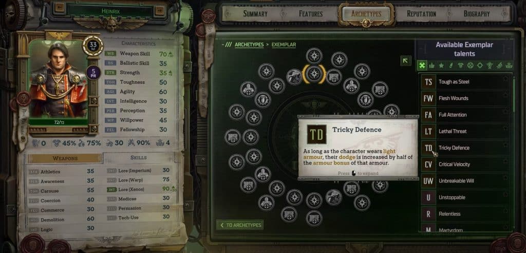 The exemplar skill tree in Warhammer 40k Rogue Trader 