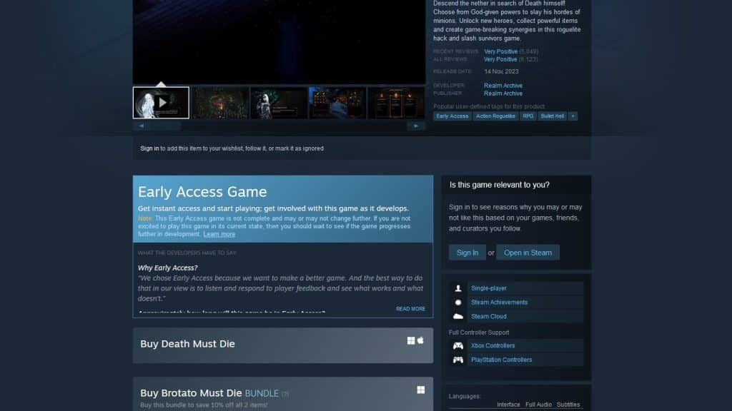 Death Must Die showing no buy button on the Steam storefront