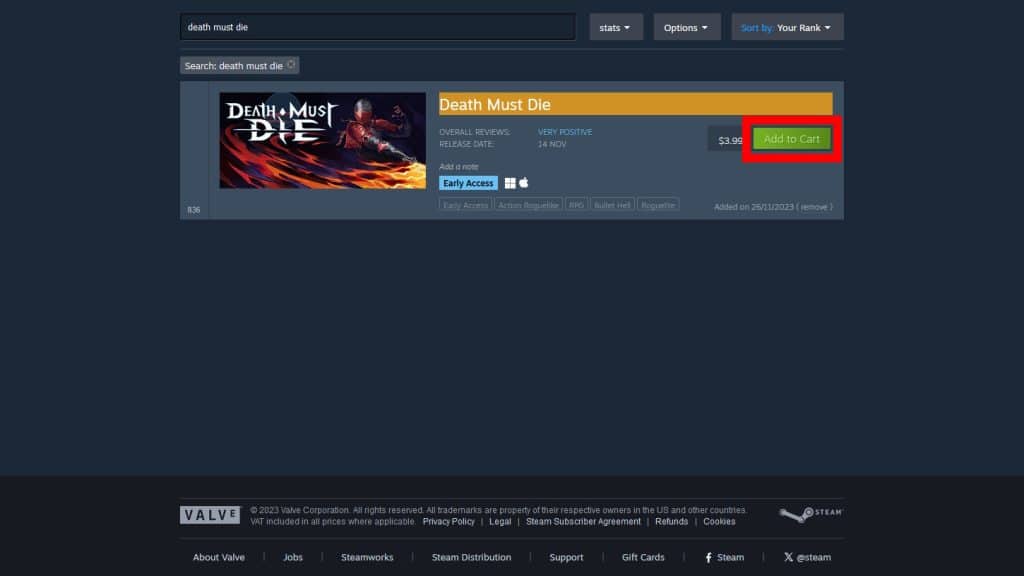 Death Must Die with add to cart button on the wishlist