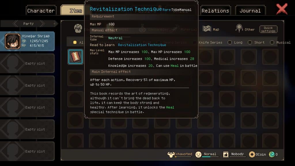 How To Regenerate HP (Combat) in Hero's Adventure: Road to Passion - Revitalization Technique manual