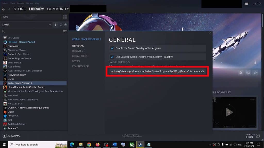 Launch options with the full command