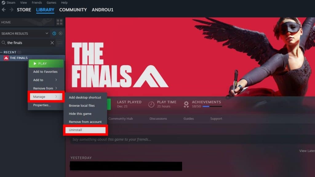 Uninstalling The Finals on Steam