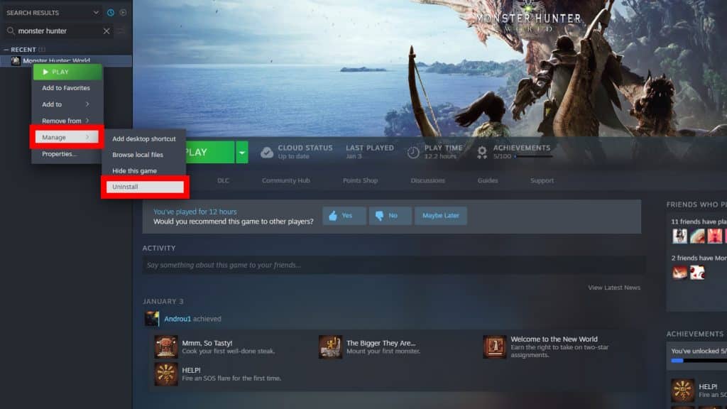 Uninstall option for MH:W on Steam