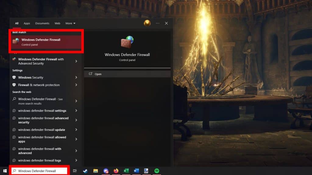 Windows Defender Firewall in the Search bar