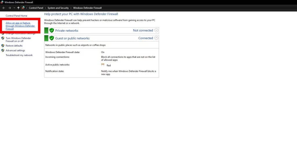 Allow another app in Firewall settings