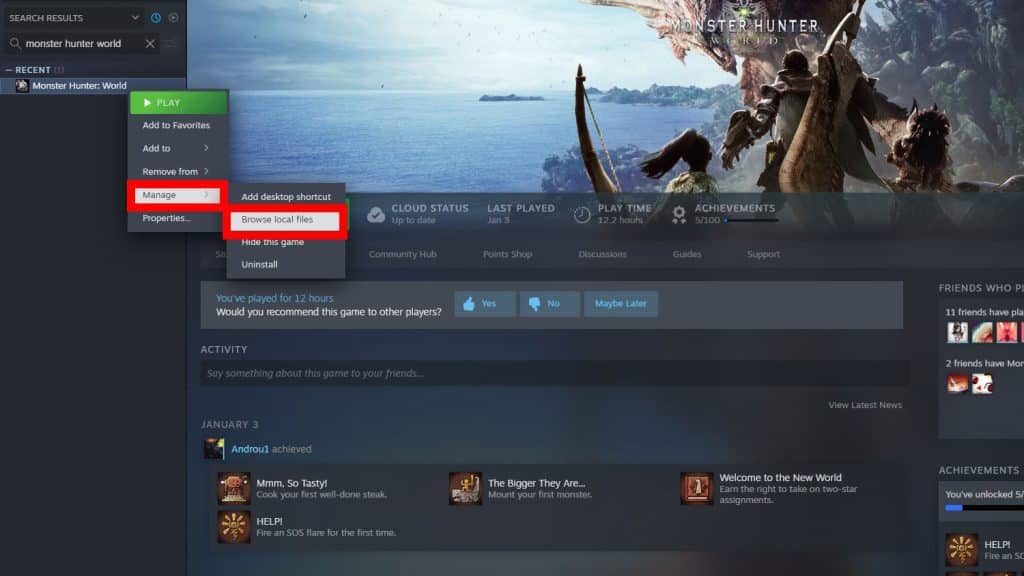 Browse local files option for MH:W on Steam