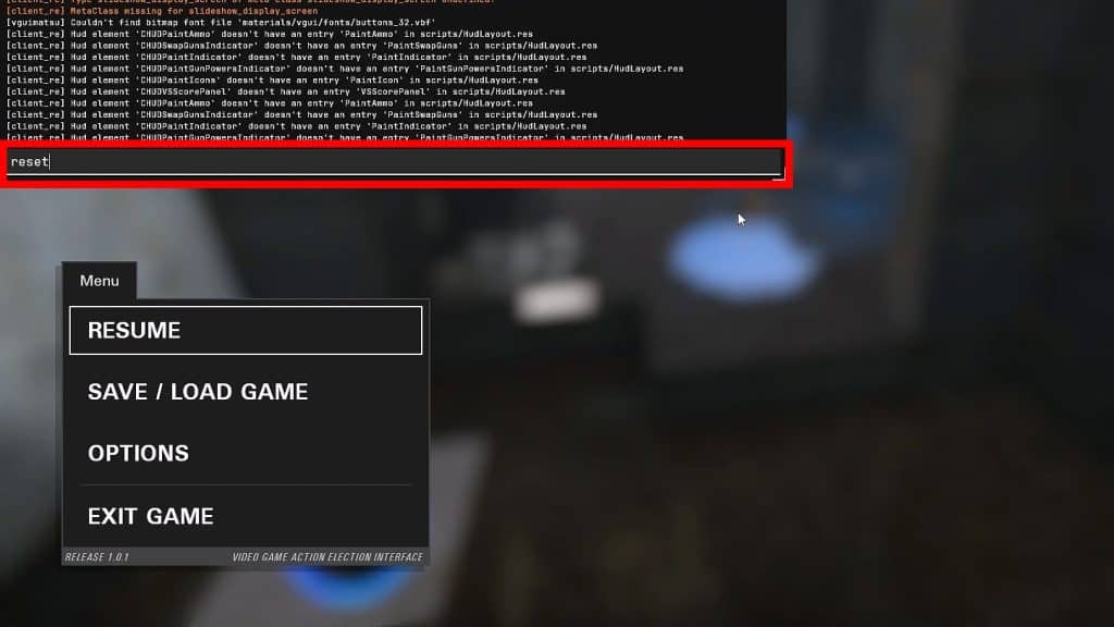 Typing reset into the dev console