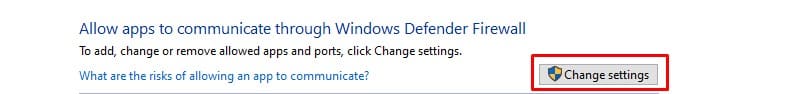 Windows Defender Firewall settings