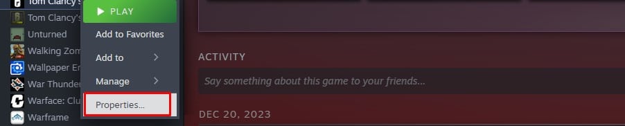 Steam properties menu