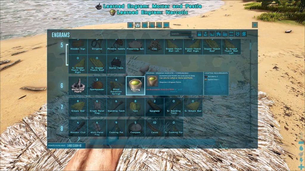 Crafting interface showing Narcotics